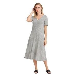 RONEN CHEN Gray Striped V Neck‎ Midi Dress Women Sz 8 Made in Israel Stretch